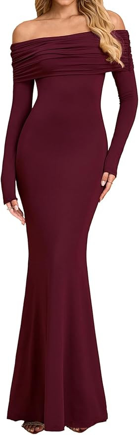 Women Off The Shoulder Long Sleeve Maxi Dress Ruched Bodycon Winter Formal Wedding Guest Dresses | Amazon (US)
