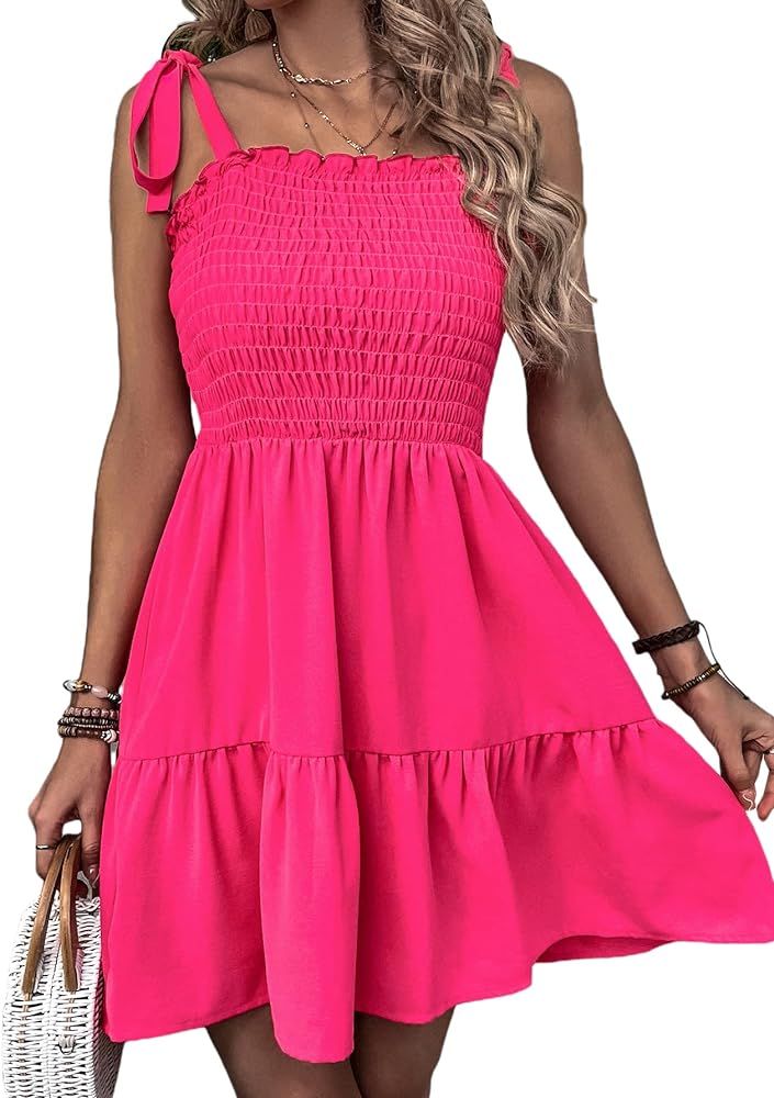 Verdusa Women's Tie Shoulder Sleeveless Shirred Ruffle Hem A Line Cami Dress | Amazon (US)