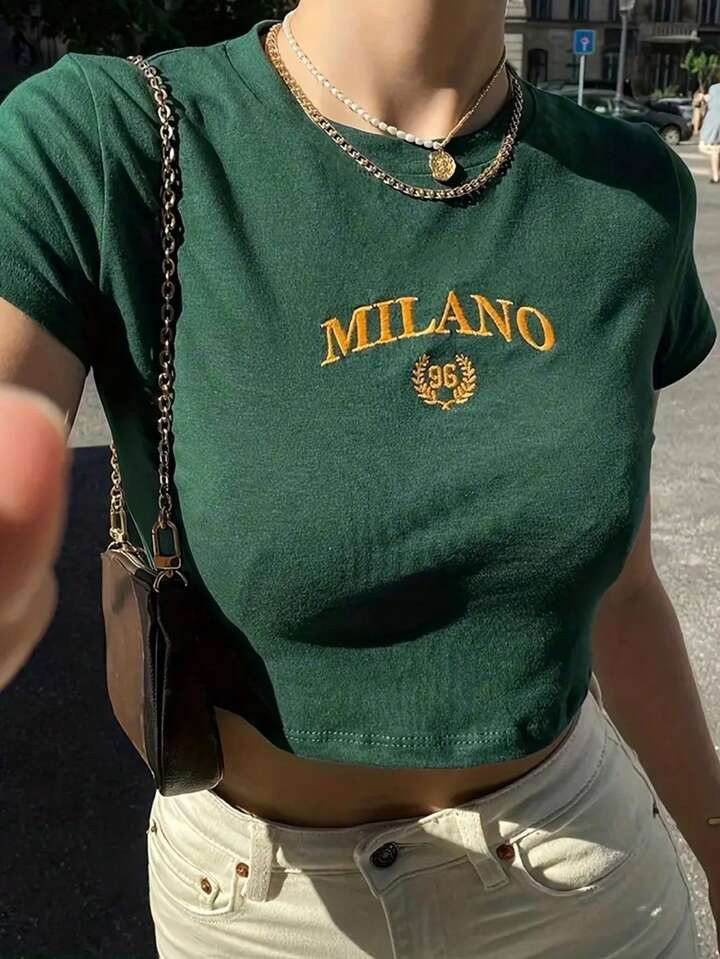 Women's Cropped T-Shirt With Letter Embroidery | SHEIN