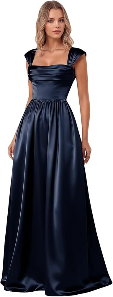 Satin Prom Dress for Women Spaghetti Straps A Line Bridesmaid Dress Pleated Formal Evening Gown w... | Amazon (US)