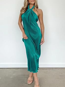 Wenrine Womens Sexy Halter Neck Dresses Backless Split Ribbed Cocktail Party Midi Dress | Amazon (US)