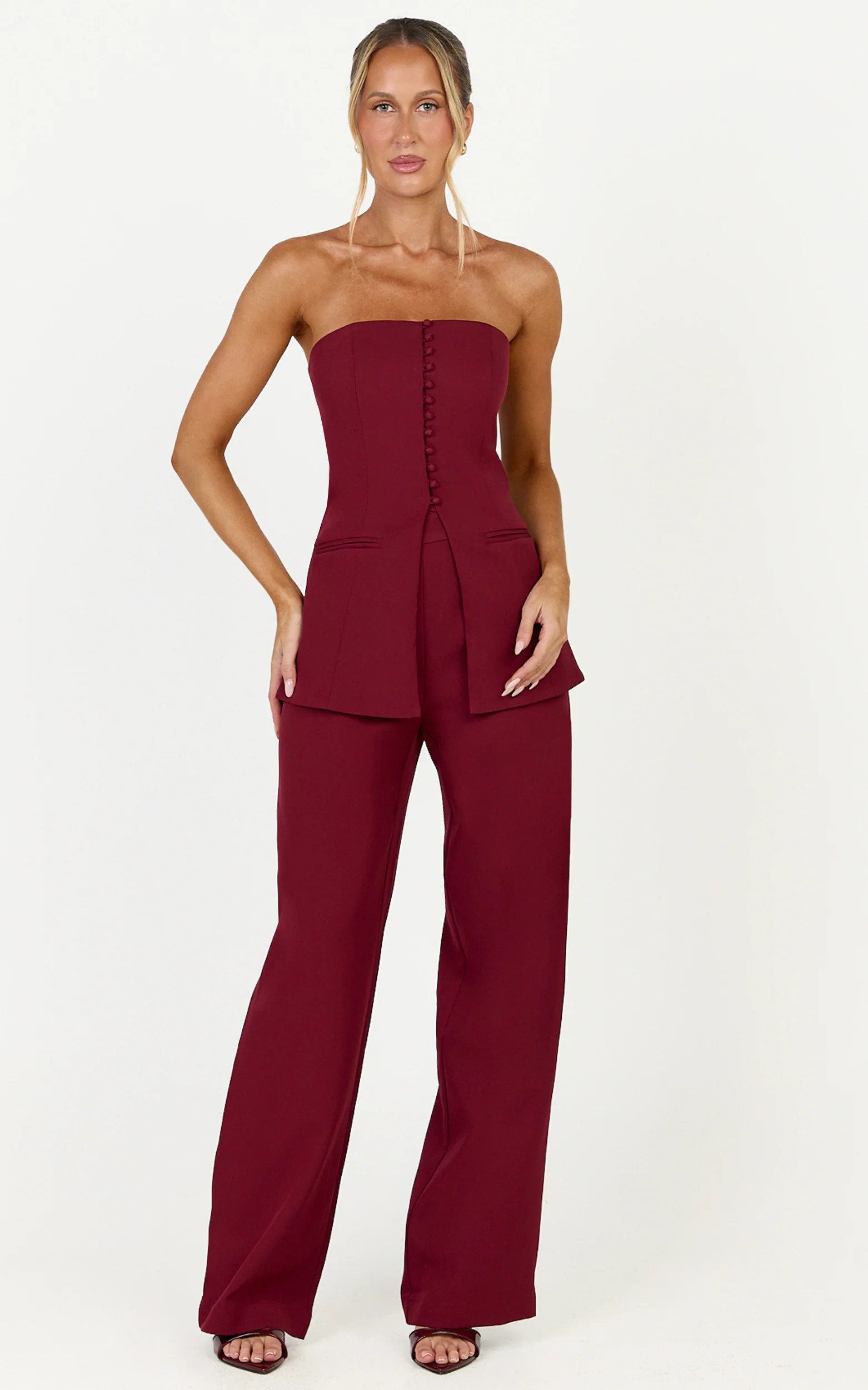 Amelia Two Piece Top and Pant Set - Strapless Button Down Top And Tailored Wide Leg Pants Set in Wine | Showpo (US, UK & Europe)