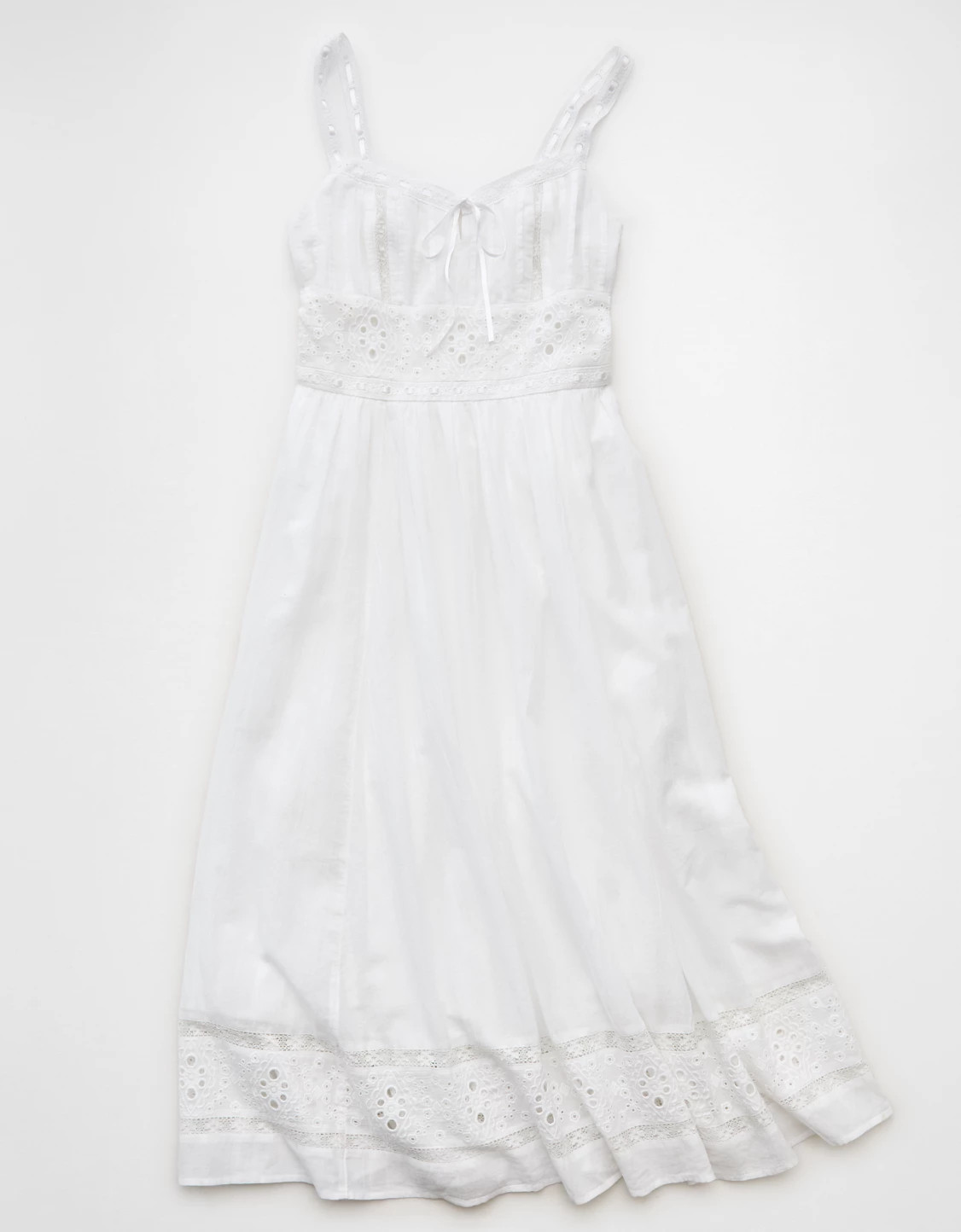 AE Catie Corset Embroidered Midi Dress | American Eagle Outfitters (US & CA)