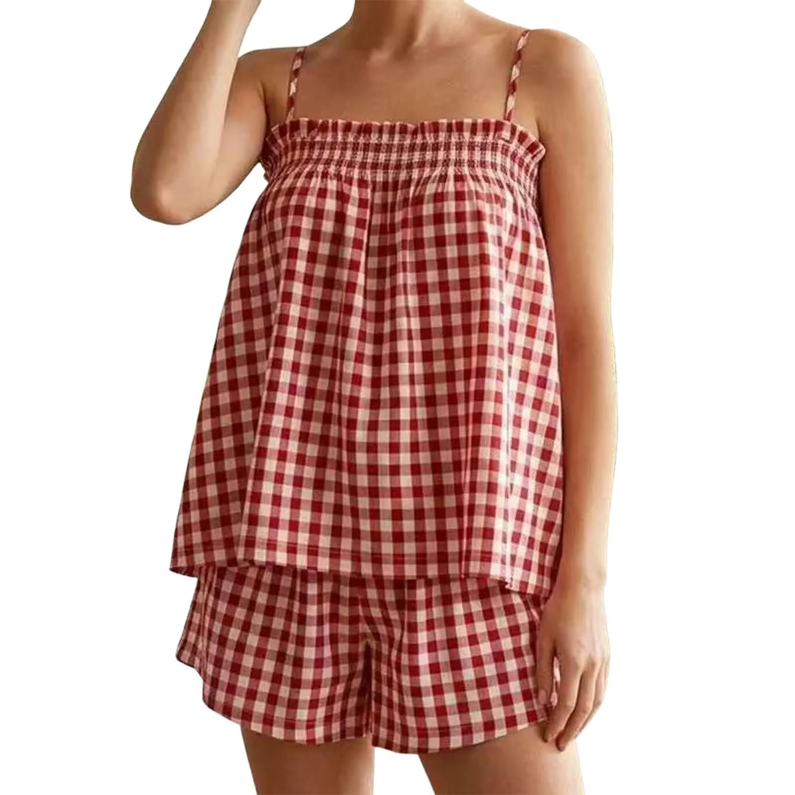 Women Gingham 2 Piece Set Smocked Babydoll Cami Top and Shorts Matching Outfit Plaid Summer Lounge Set - Walmart.com | Walmart (US)