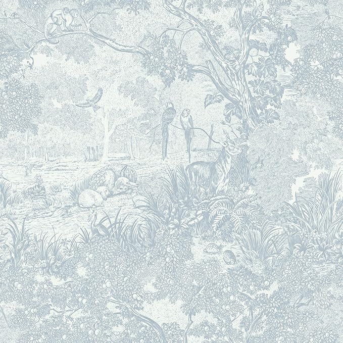 Peel and Stick Wallpaper Blue and White Vintage Forest Animals Floral Wallpaper Removable Self-Ad... | Amazon (US)