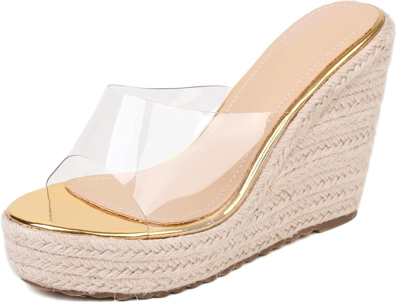 VARECOLA Slip On Espadrilles Wedge Platform Sandals For Women Clear Strap Slide Heeled Sandals Be... | Amazon (US)