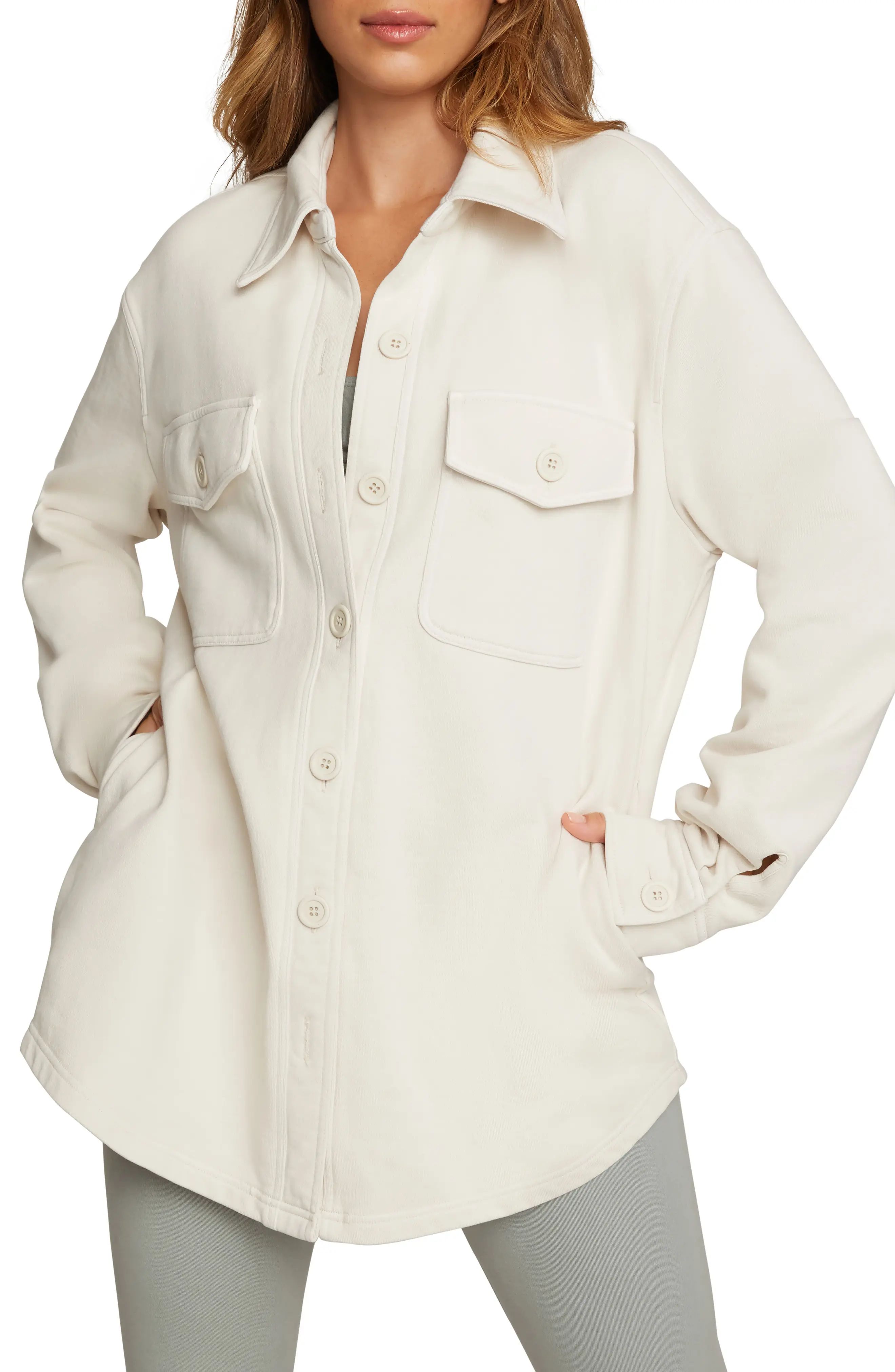 Good American Fleece Shirt Jacket, Size 3 in Bone001 at Nordstrom | Nordstrom