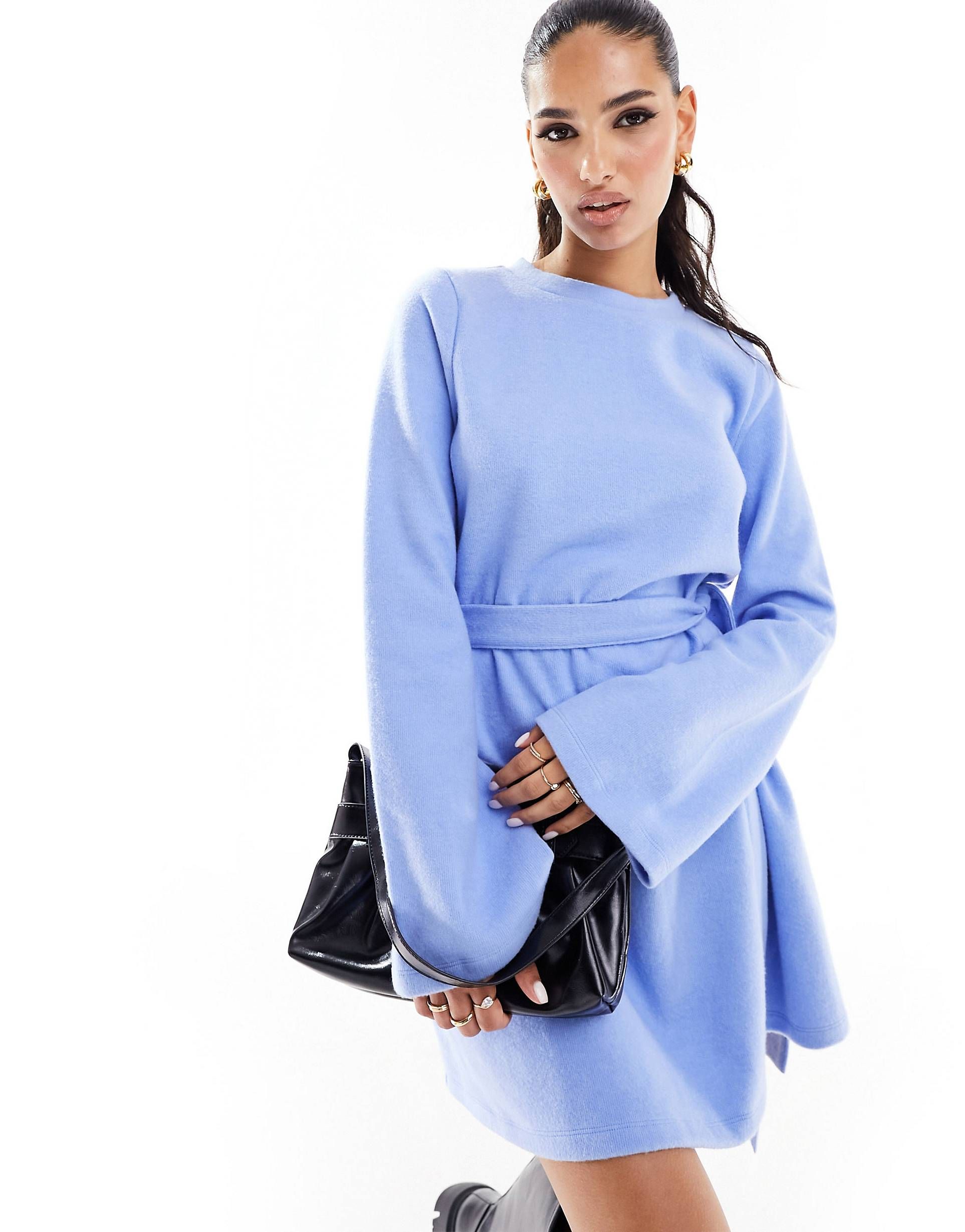 ASOS DESIGN supersoft flare sleeve jumper swing mini dress with belt in baby blue - LBLUE | ASOS (Global)