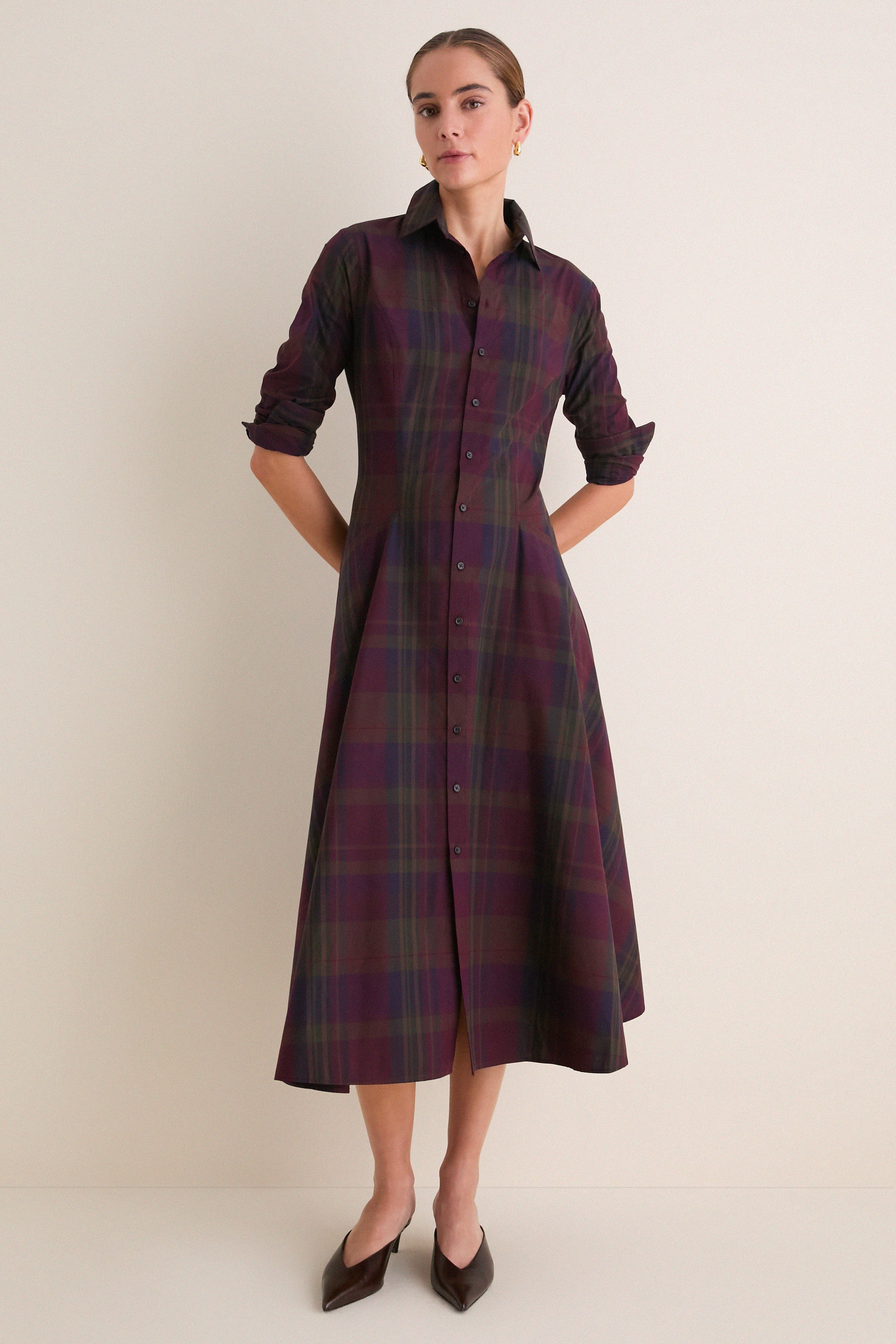 Merlot Green Multi Plaid Collared Long Sleeve Midi Dress | Tuckernuck (US)