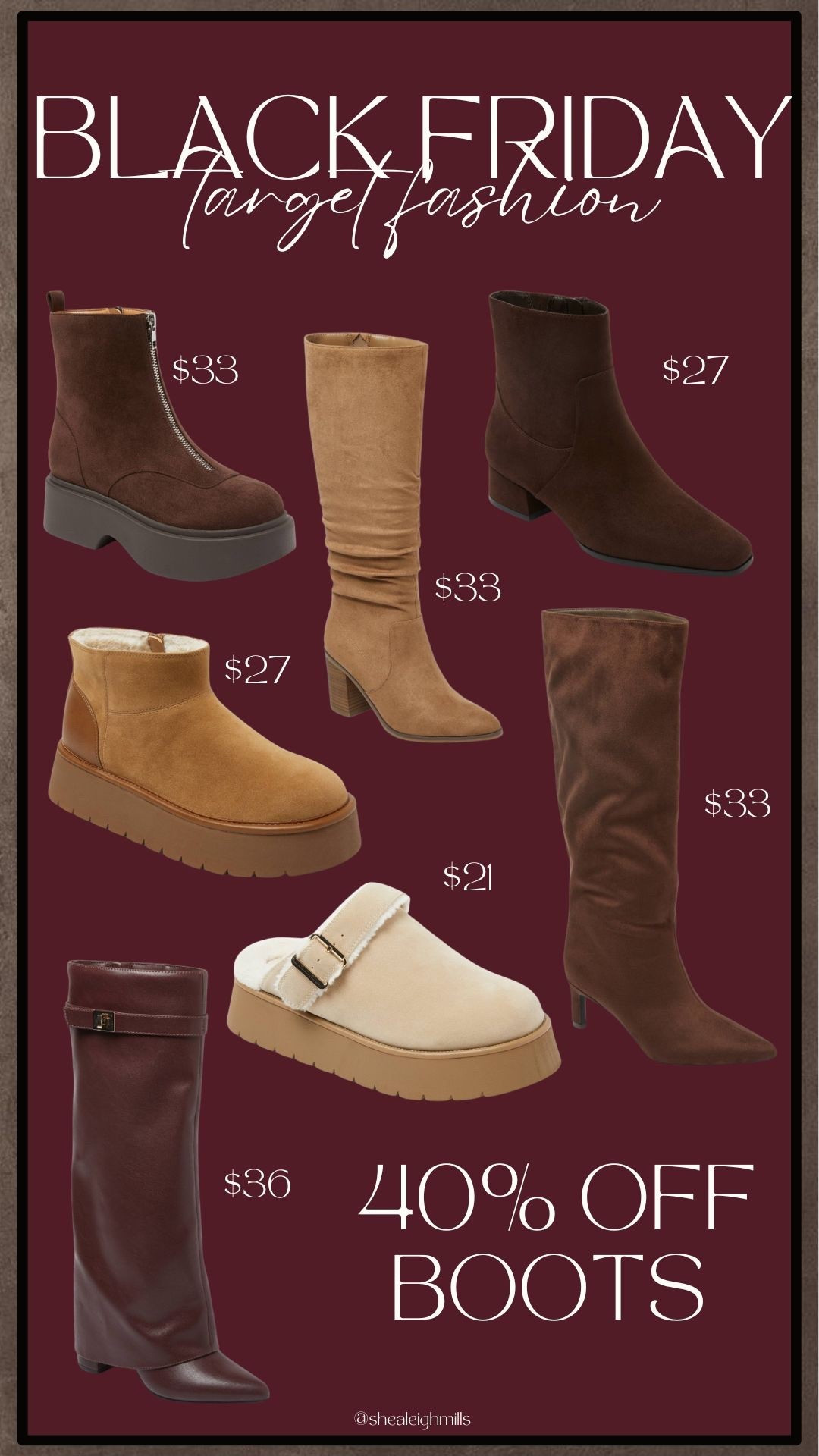 Target’s Black Friday boot sale is SO good — tons of styles for fall + winter are 40% off right now! Everything from tall suede boots to everyday booties and cozy shearling styles… all on major sale and l under $40. Linking all the best finds!

Target boots, Target Black Friday, Target fashion sale, affordable fall boots, winter boots under $40, suede boots Target, heeled boots Target, shearling boots Target, neutral boots, fall outfits, winter outfit ideas, Target style deals

#LTKGiftGuide #LTKSaleAlert #LTKCyberWeek