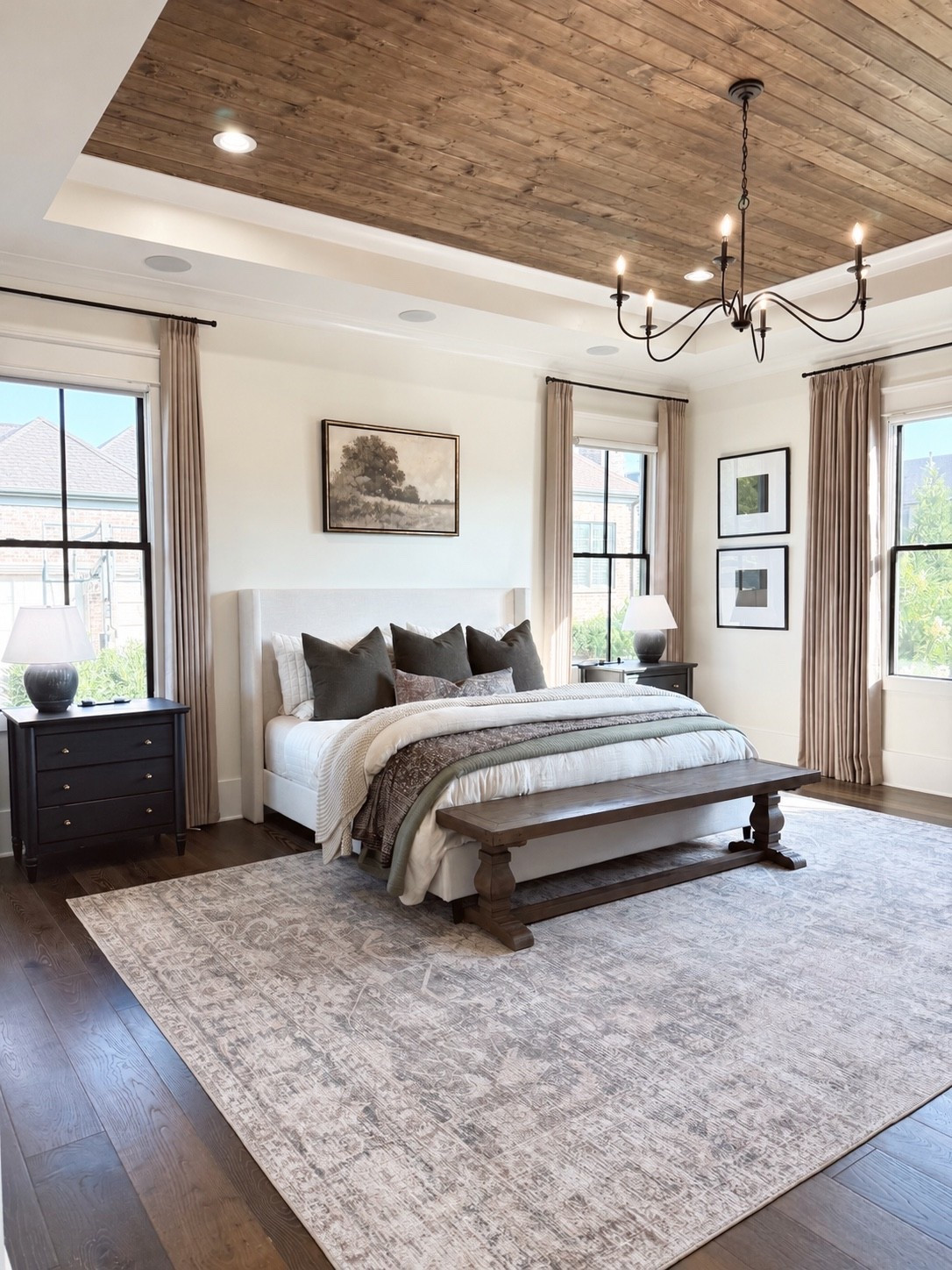Our bedroom reveal!  


•
•
Bedroom decor, neutral area rugs, modern organic, bedding, black wooden nightstands, bedroom French pleats curtains, canvas wall art, black and white frames

#LTKHome