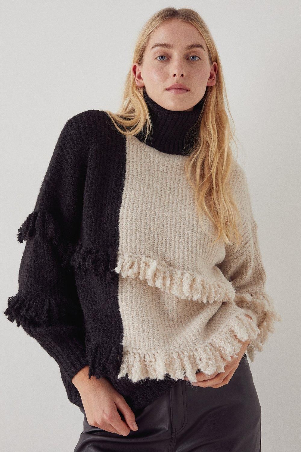 Colour Block Fringe Knit Jumper | Warehouse UK & IE