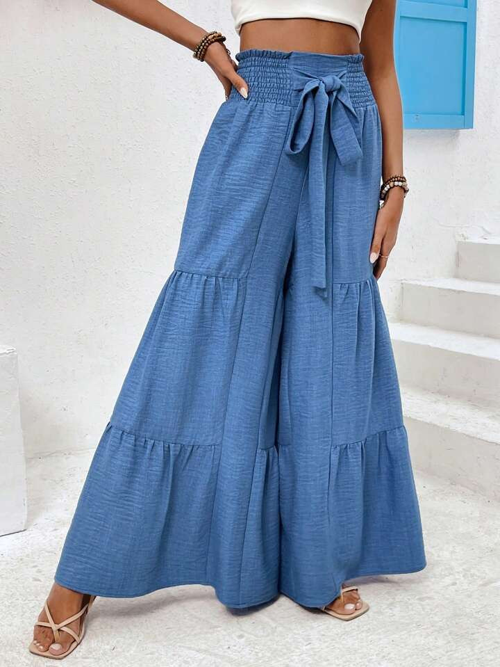 SHEIN LUNE Women's High Waist Wrapped Front Knotted Wide Leg Pants | SHEIN