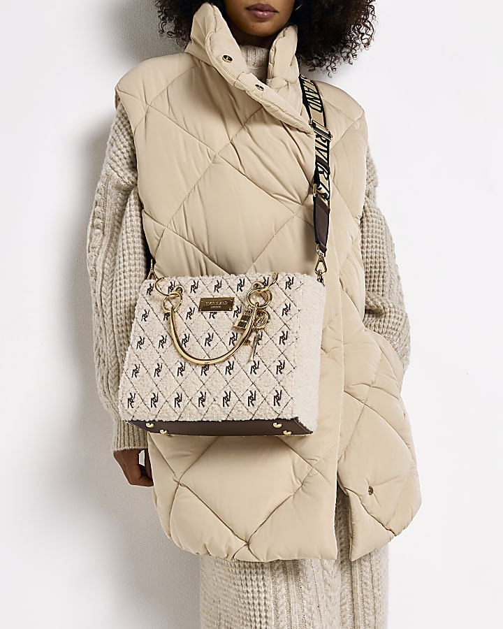 Cream RI monogram faux borg tote bag | River Island (UK & IE)