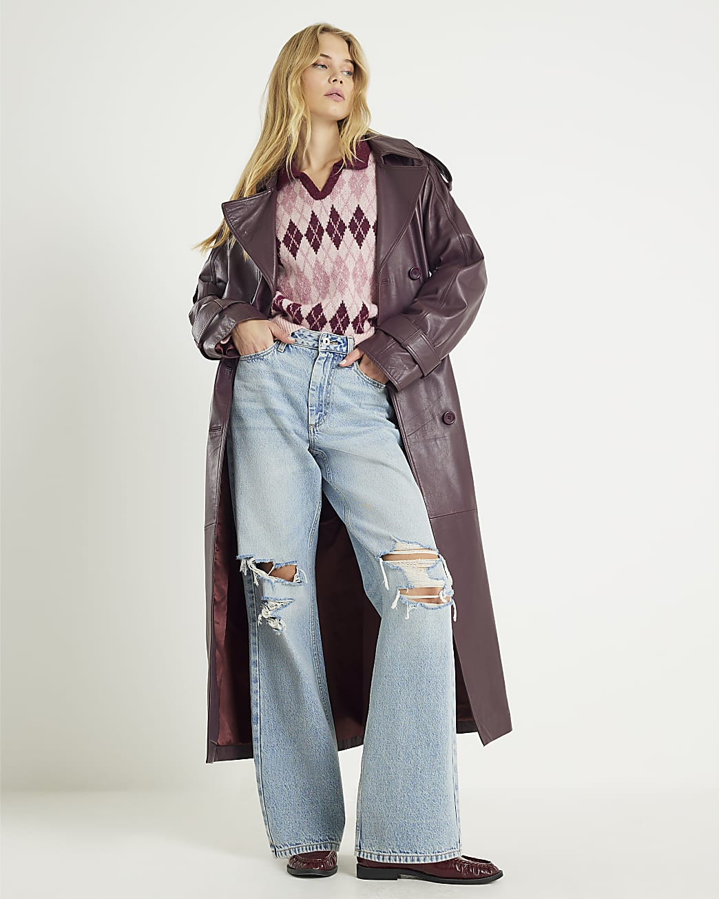 Pink Argyle Knit Jumper | River Island UK & IE