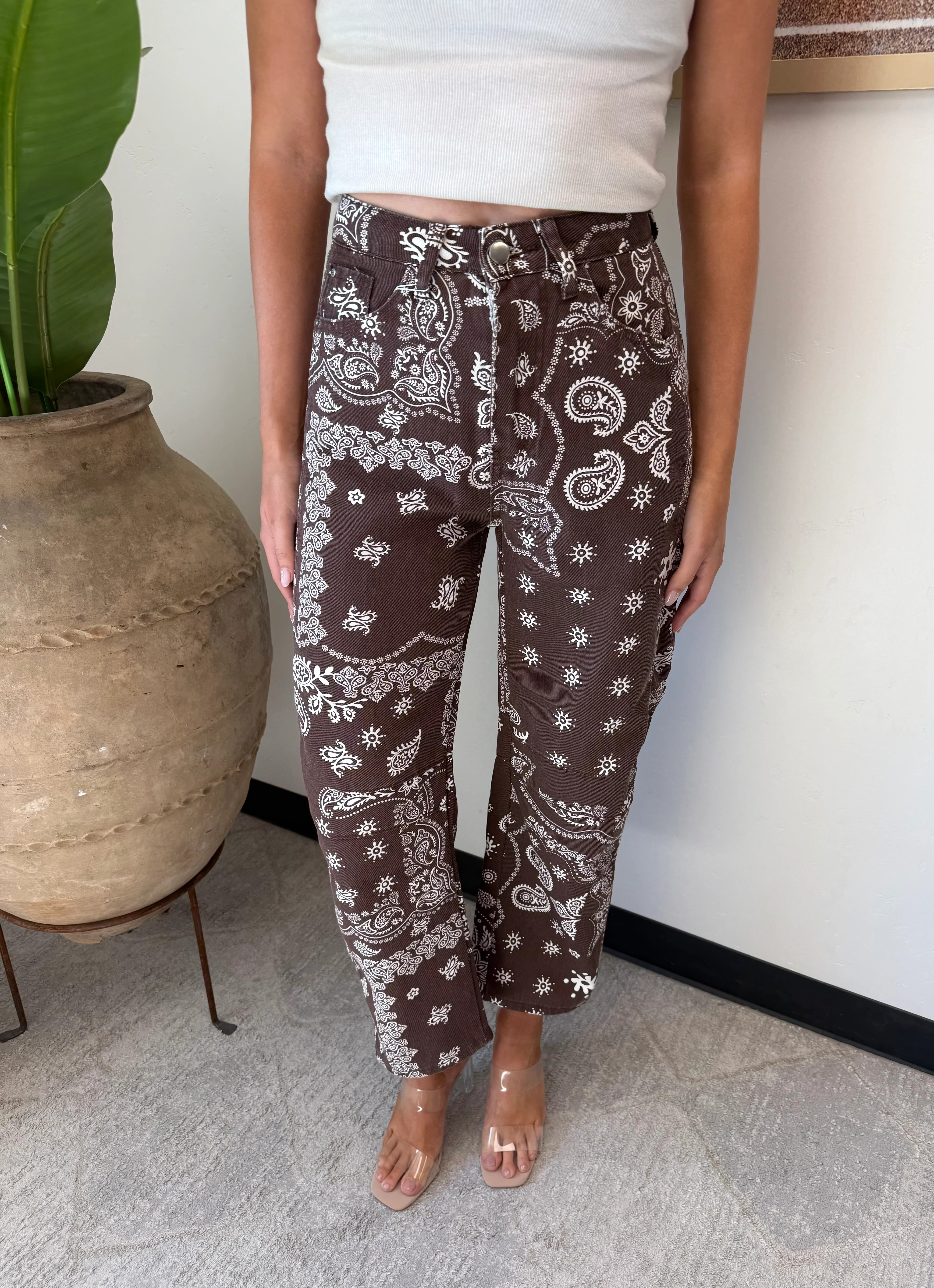Paisley Barrel Leg Pants in Chocolate | Glitzy Bella