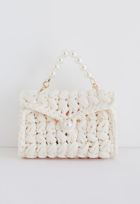 Pearl Chain Braided Chunky Knit Mini Bag in Cream | Chicwish