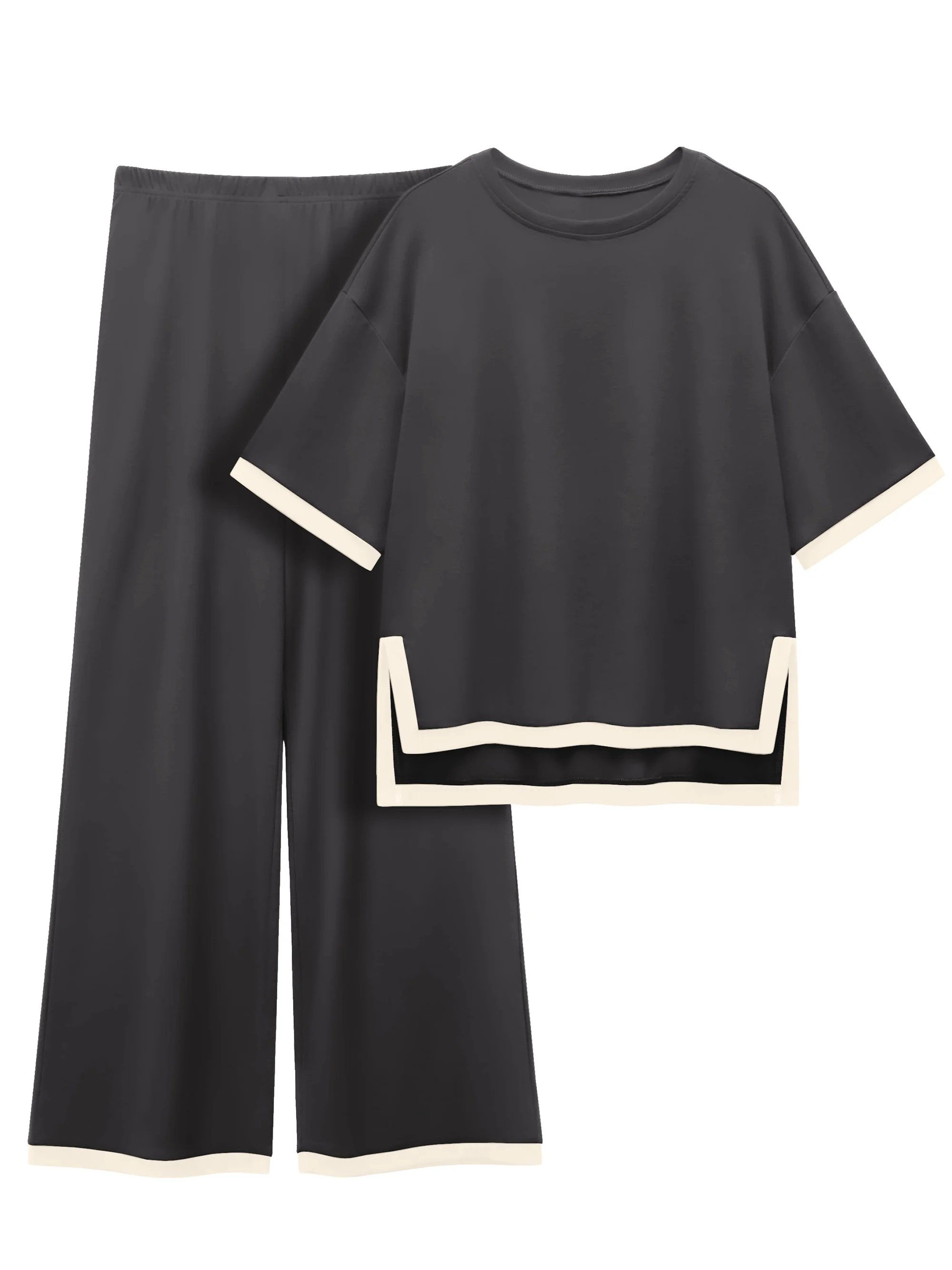 MINTREUS Women's Cotton 2-Piece Loungewear Short-Sleeve Round-Neck Pullover Top Wide-Leg Pants Wo... | Walmart (US)