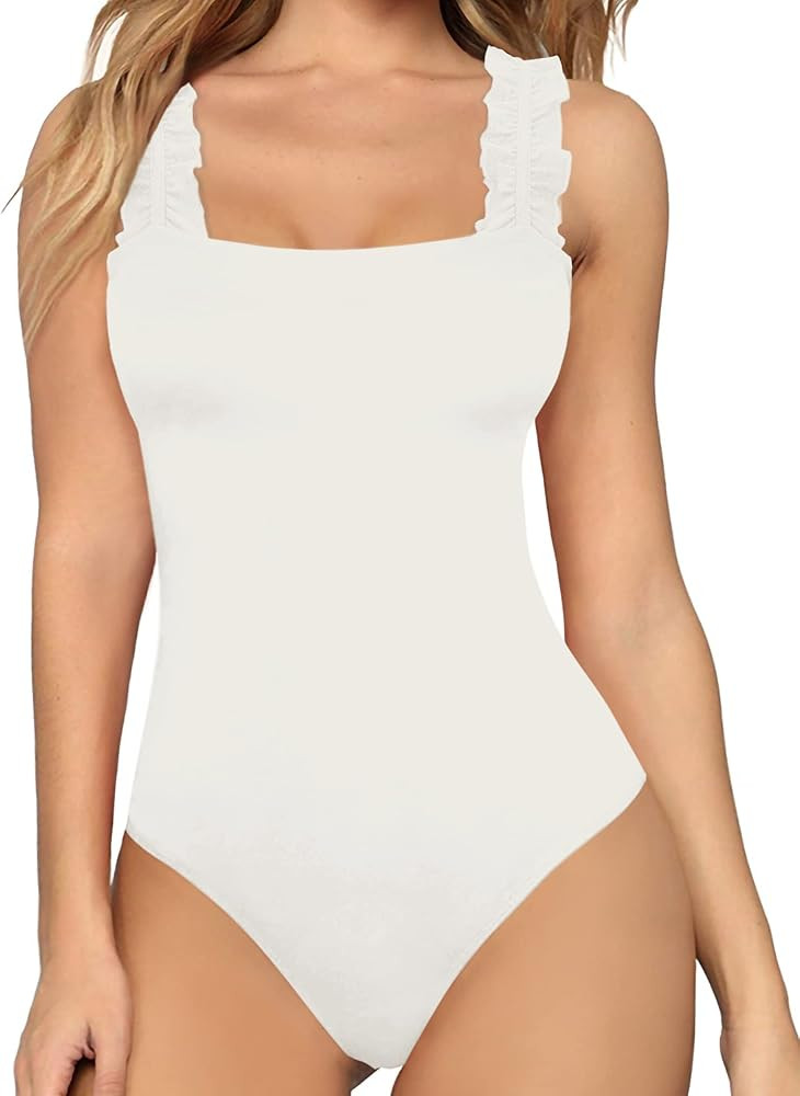 MANGOPOP Square Neck Ruffle Strap Stretchy Tank Tops Bodysuit for Women | Amazon (US)