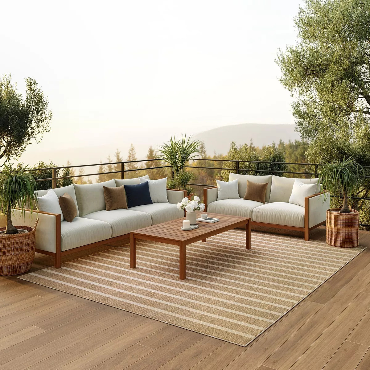 Nourison Positano Modern Stripes Flatweave Indoor Outdoor Low Pile Area Rug Beige Ivory 8' x 10' | Target