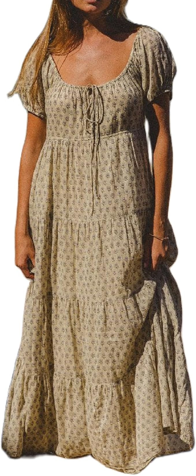 Woman Floral Puff Sleeve Maxi Dress Square Neck Ruffle Flowy Long Dresses Bohemian Tiered Summer ... | Amazon (US)