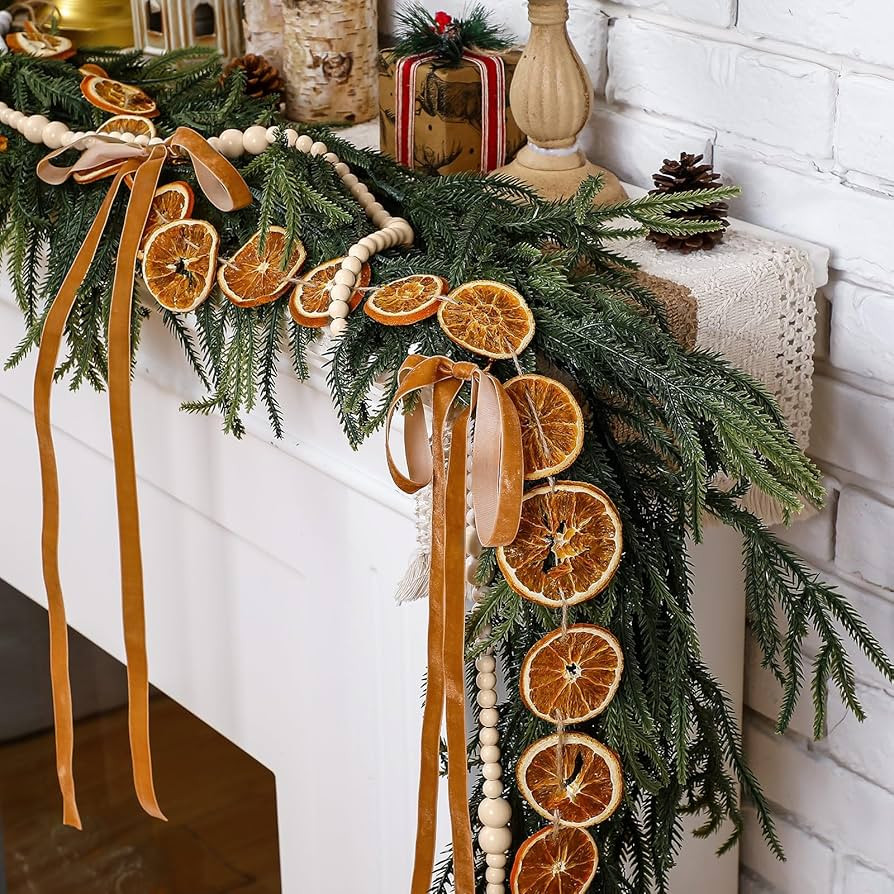 5 Pcs Christmas Garlands 6 Ft Norfolk Pine Garland Farmhouse Dried Orange Slice Garland Wood Bead... | Amazon (US)