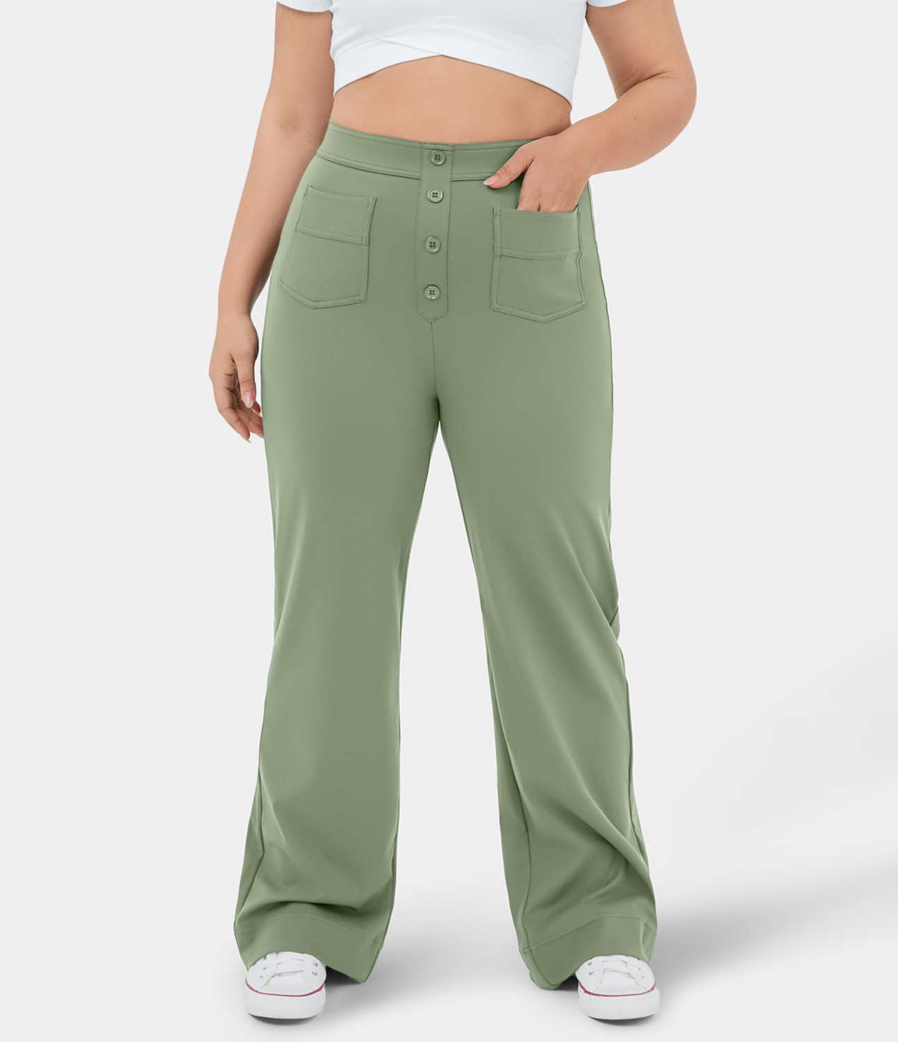 Halara High Waisted Button Multiple Pockets Straight Leg Casual Plus Size Pants - Asparagus - 2X | HALARA