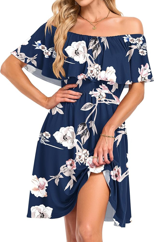 AUSELILY Womens Off The Shoulder Summer Dress Casual Ruffle Floral Party Beach Vacation Sundress ... | Amazon (US)