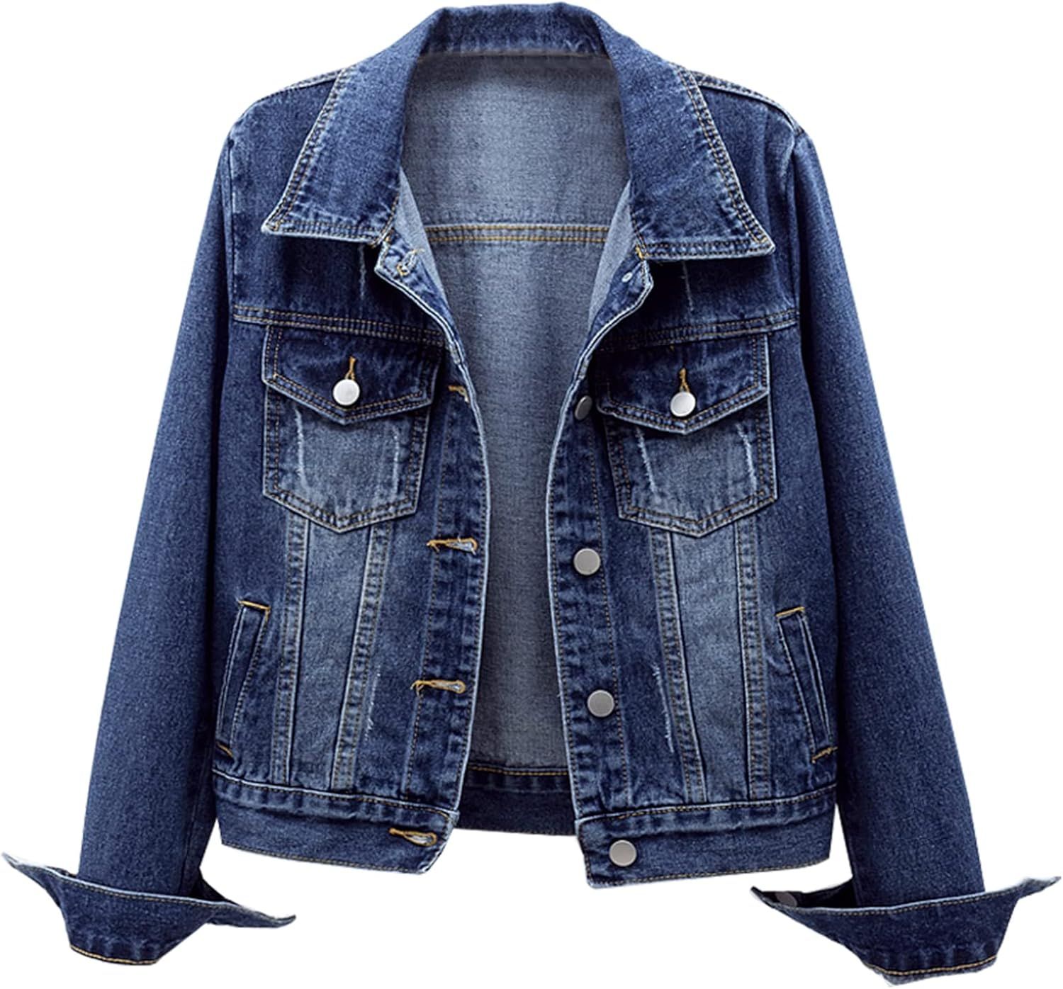 Cyparel Women Basic Denim Jacket Button Down Long Sleeve Distressed Ripped Boyfriend Jean Jacket | Amazon (US)