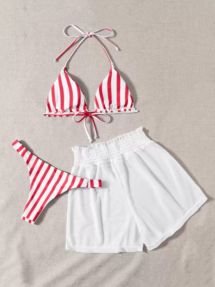 SHEIN Swim Vcay Striped Triangle Bikini Swimsuit & Mesh Shorts | SHEIN
