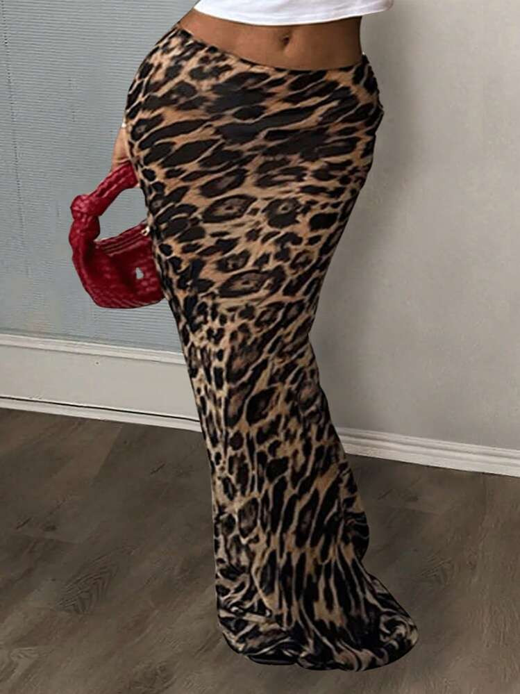 Slaydiva Plus Size Knitted Leopard Print Flared Skirt, Casual And Elegant, For Autumn And Winter | SHEIN