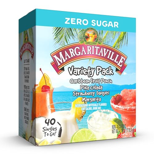 SINGLES TO GO! Margaritaville Water Drink Mix, Variety Pack, Includes 4 Flavors: Caribbean Fruit Punch, Pina Colada, Strawberry Daiquiri, And Margarita,1 Box (40 Single Servings) | Amazon (US)