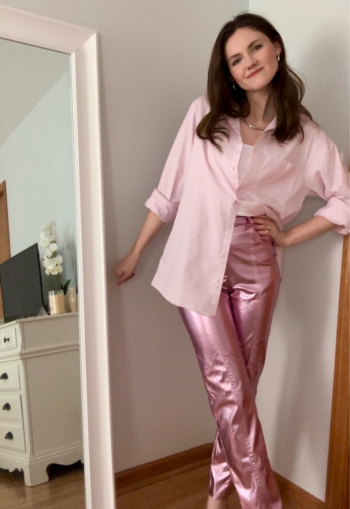 Pink metallic pants // silver pants 

I’ve linked similar styles. The exact pants I’m wearing are not available on LTK. They are the dazzle pink pants from Lagaam  

#LTKstyletip