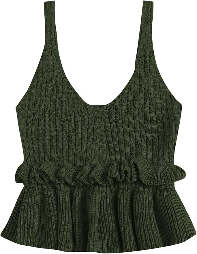 SweatyRocks Women's Casual Knit Top Sleeveless Ruffle Hem V Neck Peplum Crop Tank Top | Amazon (US)