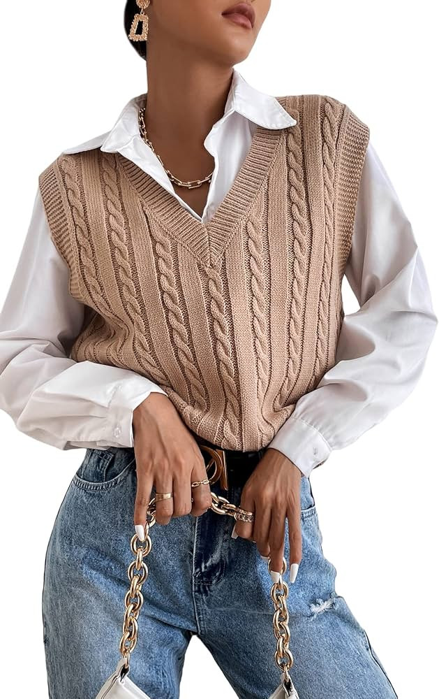 OYOANGLE Women's Casual Solid V Neck Sleeveless Cable Knit Sweater Vest Tank Top | Amazon (US)