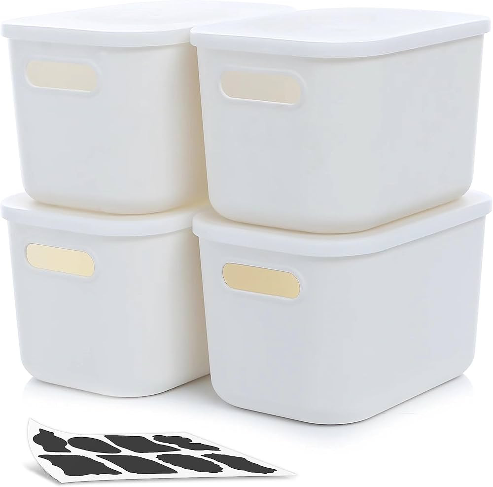 Citylife 4 Packs Plastic Storage Bins with Lids White Storage Box with Handle Stackable Container... | Amazon (US)