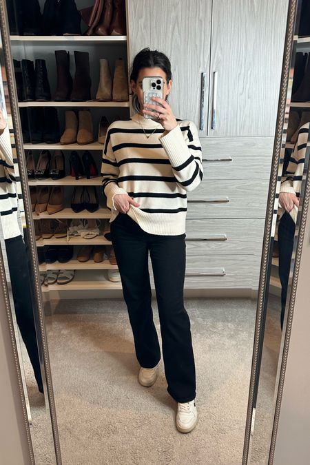 Casual outfit with a striped sweater and black pants 

#LTKfindsunder100 #LTKfindsunder50