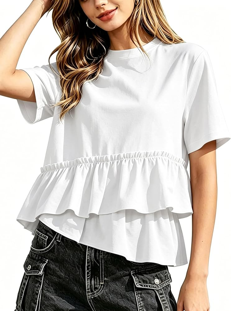 Womens Summer Tops Peplum Babydoll Crew Neck Short Sleeve Flowy Asymmetrical Ruffle Hem Casual Pl... | Amazon (US)