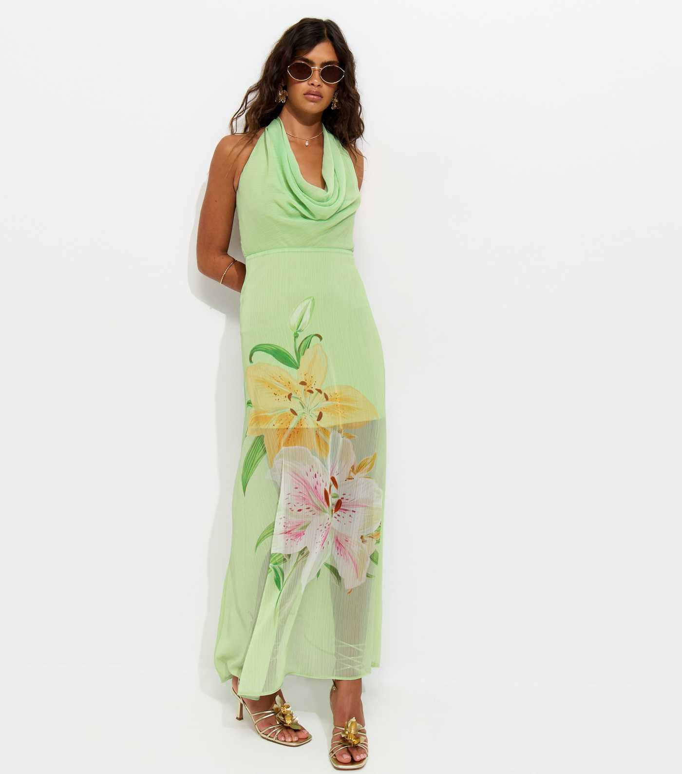 Green Lotus Print Cowl Neck Halter Midi Dress | New Look | New Look (UK)