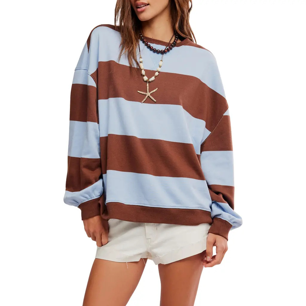 Free People Oversize Stripe Sweatshirt in Periwinkle Combo at Nordstrom, Size Small | Nordstrom