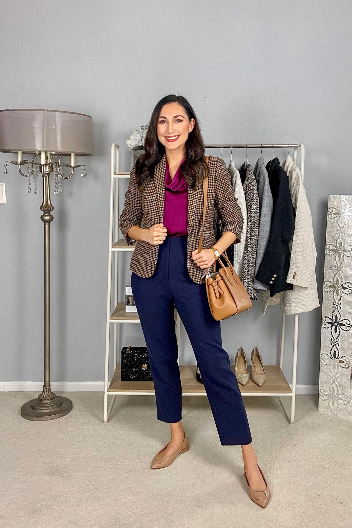 Fall work outfit of the day 💕

Houndstooth blazer size 4, TTS
Burgundy cowl neck shell size xs, size down if between sizes 
Navy high waisted pants size 2 curvy, slightly big 
Nude sling back flats size 7, TTS

Business Casual 
Business professional 
Work wear 
Office outfit 
What I wore to work today 
Work ootd 

#LTKstyletip #LTKworkwear #LTKSeasonal