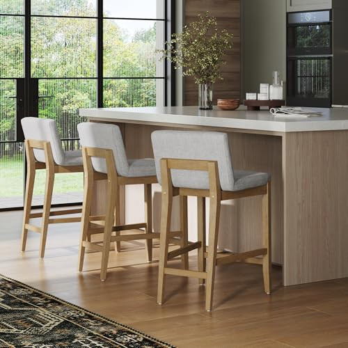 Nathan James Gracie Modern Bar Stool Counter Height Barstool with Back, Upholstered Kitchen Island Stool with Solid Wood Legs, Gray/Light Brown Set of 3 | Amazon (US)