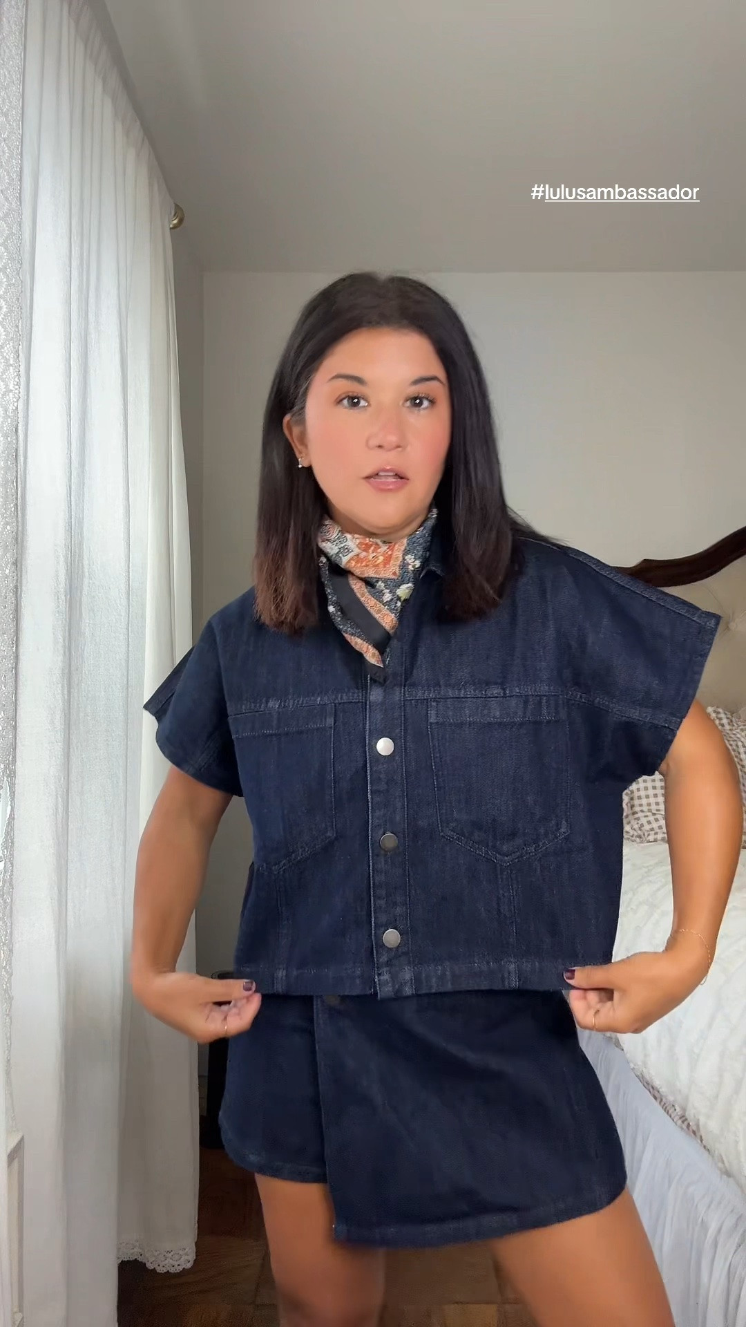 lulu’s denim matching set and silk scarf , wearing size small

#LTKootd #LTKSeasonal #LTKPetite