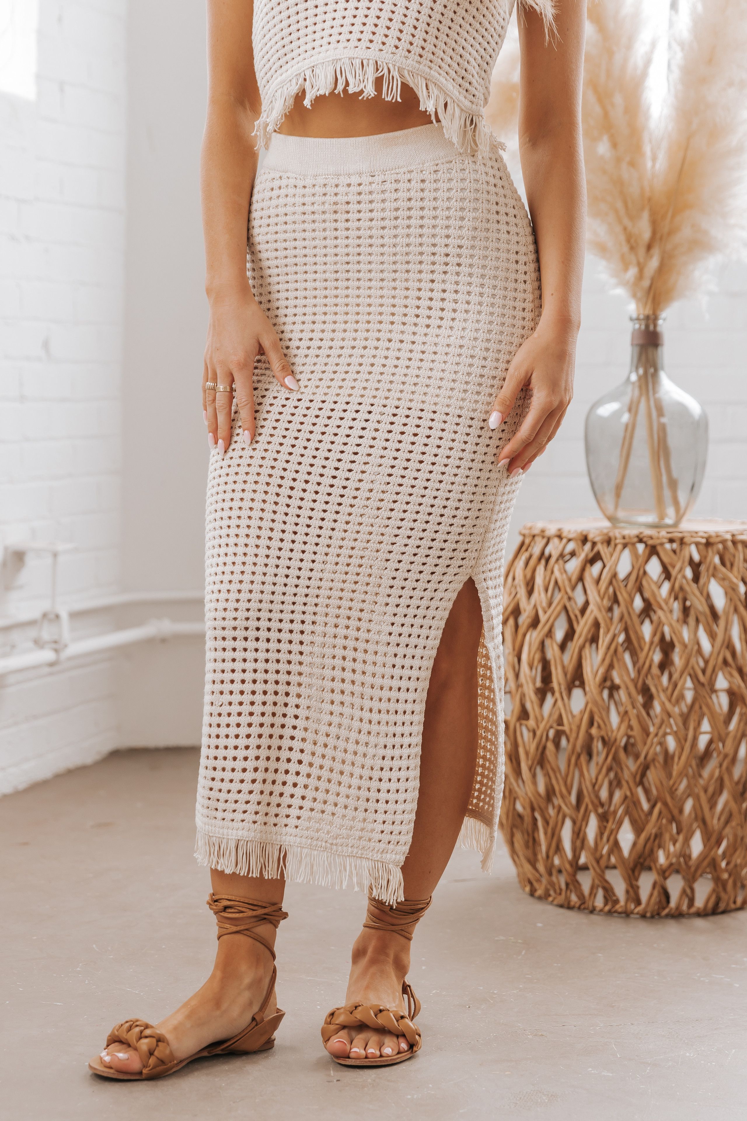 Miou Muse Beige Crochet Fringe Maxi Skirt | Magnolia Boutique