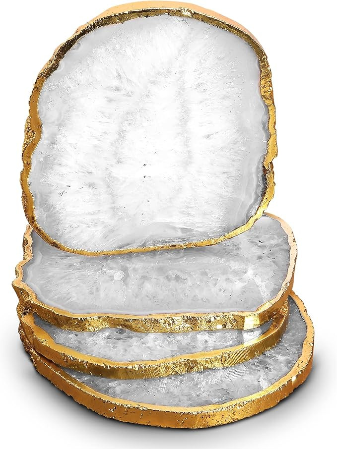 Natural Agate Coasters Set of 4 Brazilian Gemstone Coasters with Gold Rim, Size - 3-4" Pearl Whit... | Amazon (US)