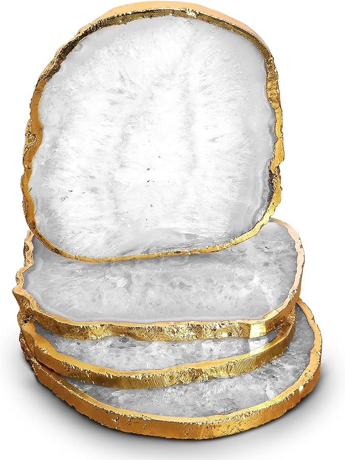 Natural Agate Coasters Set of 4 Brazilian Gemstone Coasters with Gold Rim, Size - 3-4" Pearl Whit... | Amazon (US)