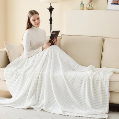 Fleece Throw Blanket Luxury Flannel For Couch Bed Sofa Chairl, Soft, Plush, Warm And Cozy Blanket With Geometric Grid Design (White, 80'' X 90'') | Wayfair North America