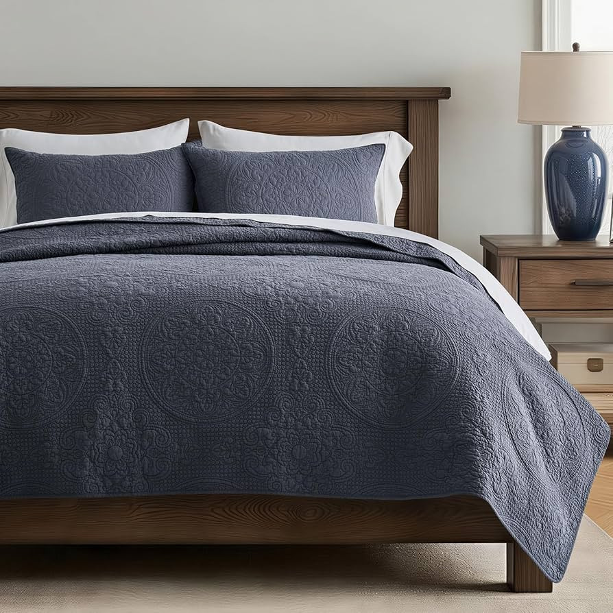 EVERGRACE Medallion Stitch Cotton Quilt Set Queen Size, 3-Piece 100% Cotton Quilted Bedspread Cov... | Amazon (US)