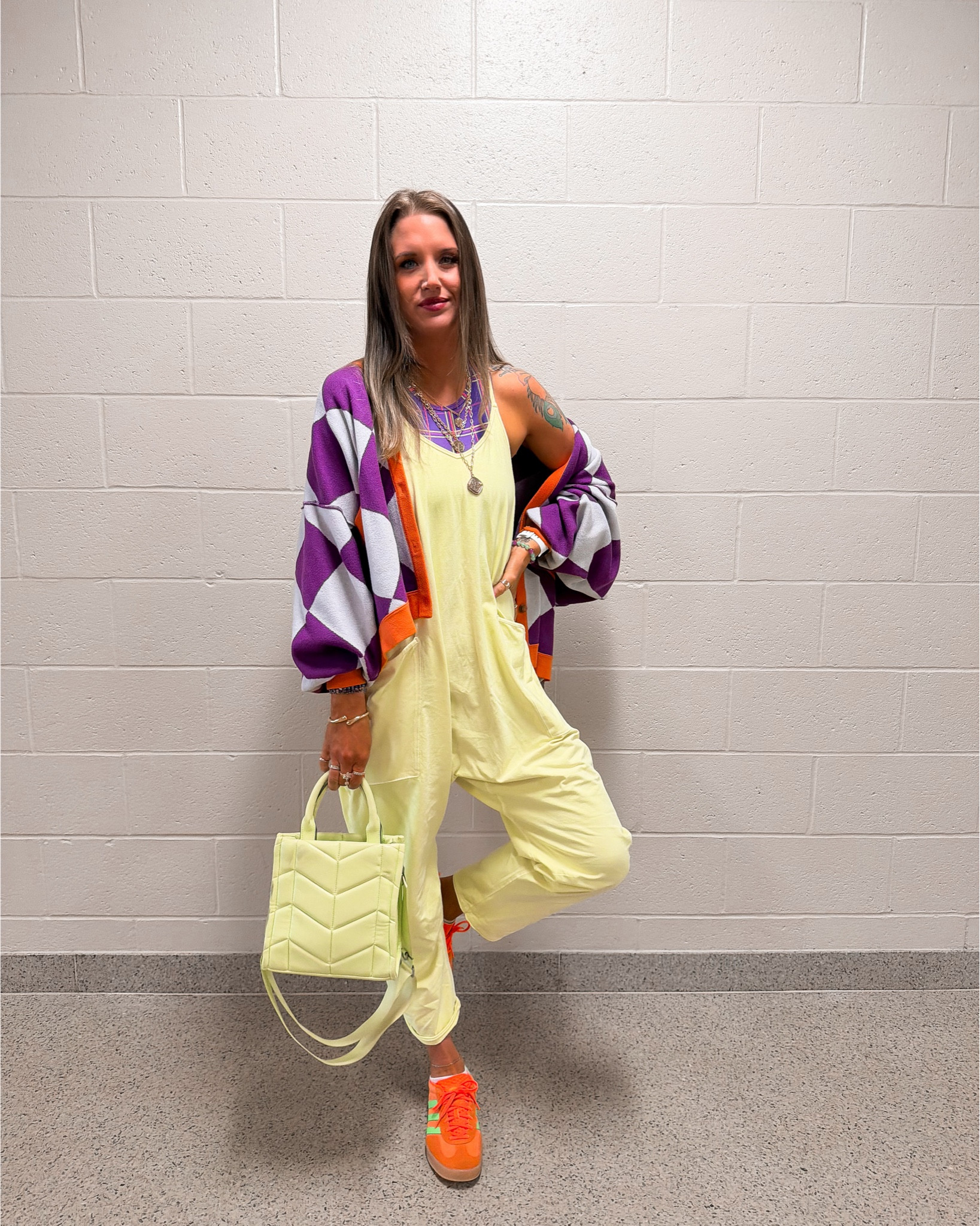 Neon things 💛💜🧡
Fp movement jumpsuit and cardigan | anthropology bra tank and undies | adidas shoes | target bag and baby girl style 
#fp #athleticstyle #comfycasual 

#LTKootd #LTKmomlife #LTKActive