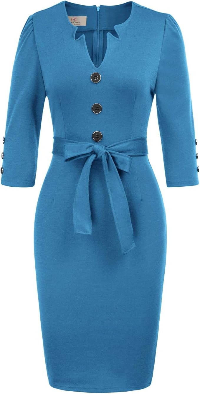 GRACE KARIN Women Retro 3/4 Sleeve Work Office Business Pencil Dress with Belt | Amazon (US)